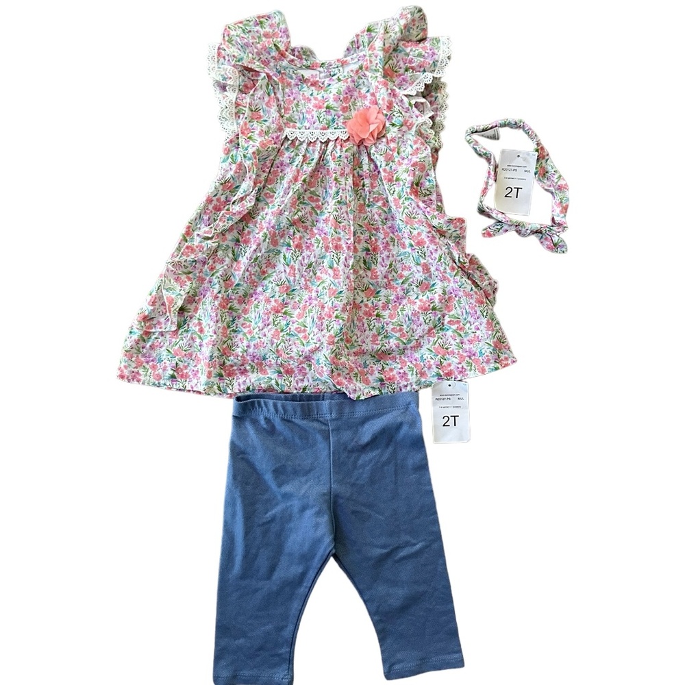 Bonnie Jean Pink Purple Multicolor 3 Piece Set Flutter Dress Pants Size 2T Girls